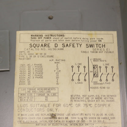 Square D HU361AWK 30A 3-Pole Non-Fusible Safety Disconnect Switch 600V 3R