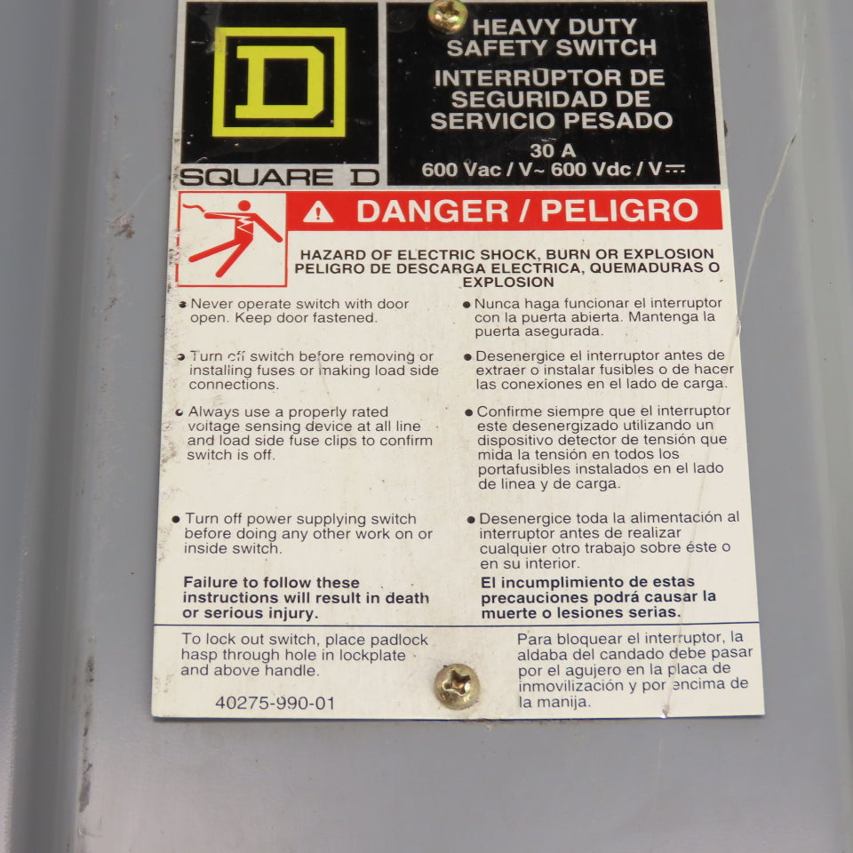 Square D HU361AWKEI 30A 3-Pole Non-Fusible Safety Disconnect Switch 600V 3R