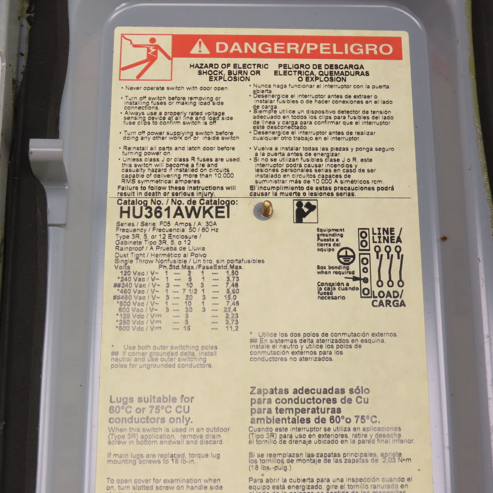 Square D HU361AWKEI 30A 3-Pole Non-Fusible Safety Disconnect Switch 600V 3R