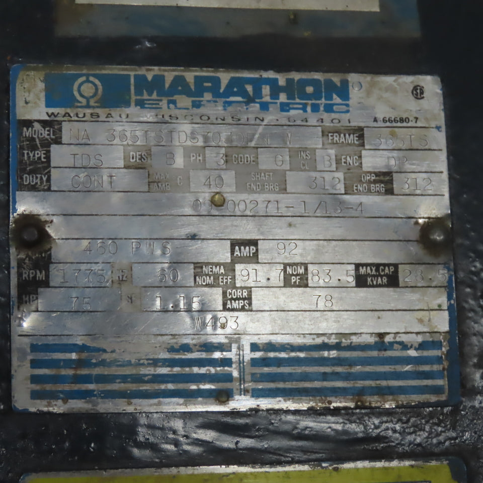 MARATHON NA 365TSTDYSQ7044HN 75HP Electric Motor 460V 3Ph 1775RPM 365TS Frame