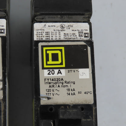 Square D FY14020A 20A Single 1 Pole I-Line Circuit Breakers Lot Of 5