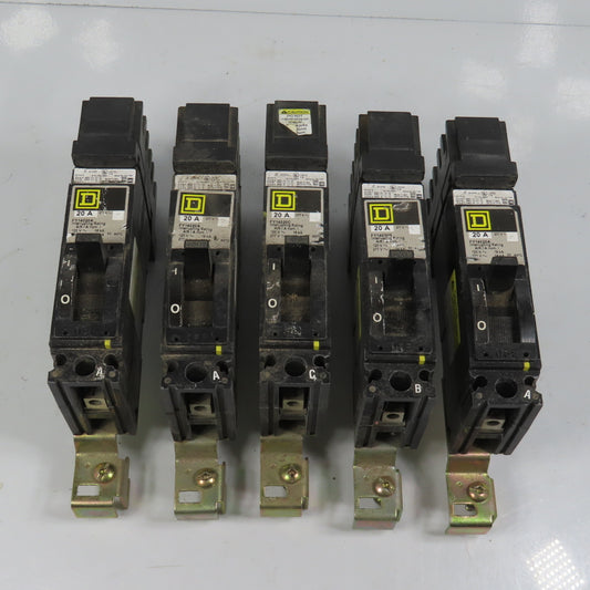 Square D FY14020A 20A Single 1 Pole I-Line Circuit Breakers Lot Of 5