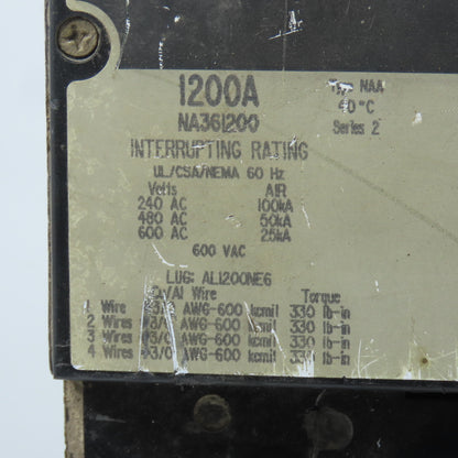 Square D NA361200 1200A 3-Pole I-Line Circuit Breaker 600VAC 3PH 3P