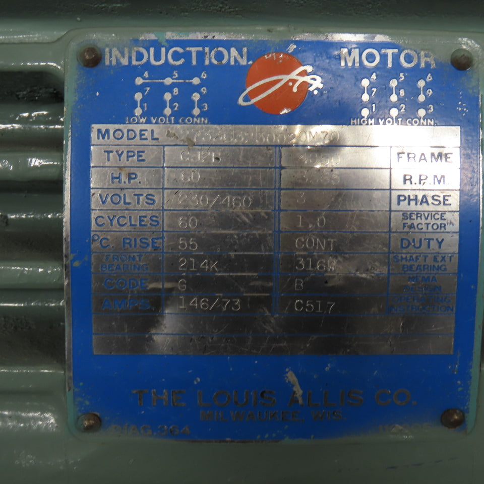 THE LOUIS ALLIS CO 273363230020M70 60HP Electric Motor 230/460V 3Ph 3565RPM 405U