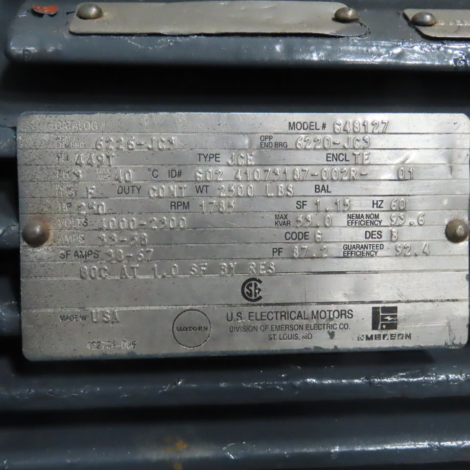 U.S. Electrical Motors 648127 250HP AC Motor 4000-2300V 3Ph 1785RPM 449T Frame