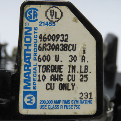 Marathon 6R30A3BCU 600V 30A 3 Pole Class R Fuse Holder Lot Of 3