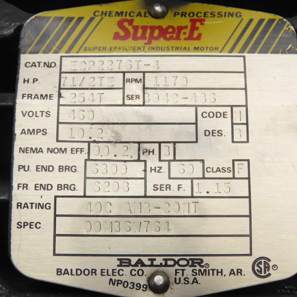 Baldor ECP2276T-4 7-1/2Hp 1170RPM 460V 3Ph Chemical Processing Motor
