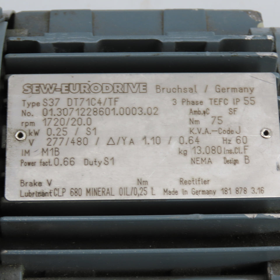 SEW-Eurodrive S37 DT71C4/TF 0.25kW Right Angle Gear Motor 20RPM Out 277/480V 3Ph