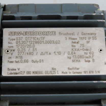 SEW-Eurodrive S37 DT71C4/TF 0.25kW Right Angle Gear Motor 20RPM Out 277/480V 3Ph