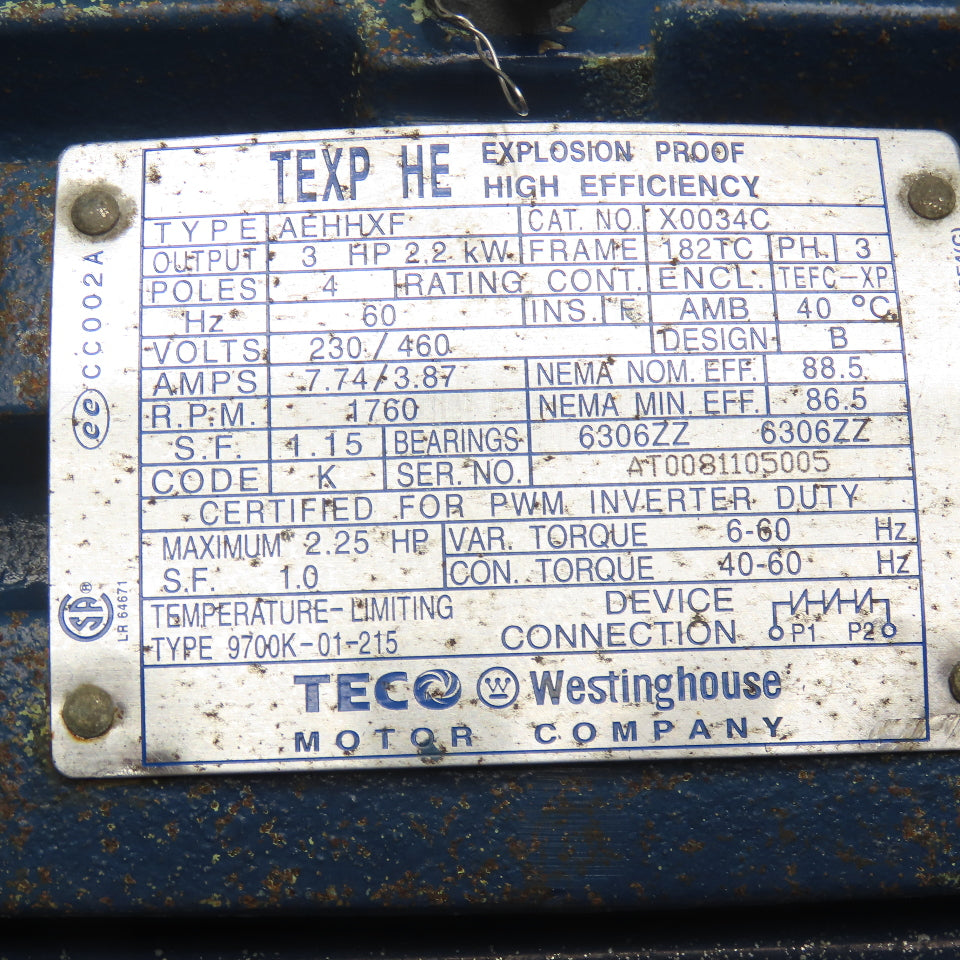 Westinghouse AEHHXF 3Hp 1760RPM 3Ph 230/460V Explosion Proof AC Motor