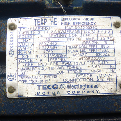 Westinghouse AEHHXF 3Hp 1760RPM 3Ph 230/460V Explosion Proof AC Motor