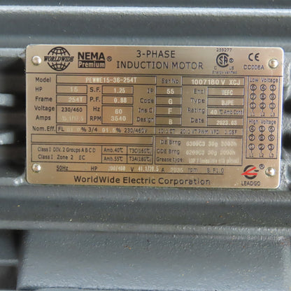 WorldWide PEWWE15-36-254T 15HP Electric Motor 3540RPM 230/460V 3Ph 254T Fr. New