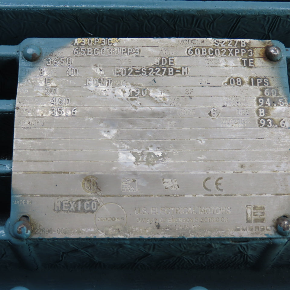 U.S. Electrical S227B 30HP AC Electric Motor 460V 3Ph 365U Frame 1190RPM Refurb