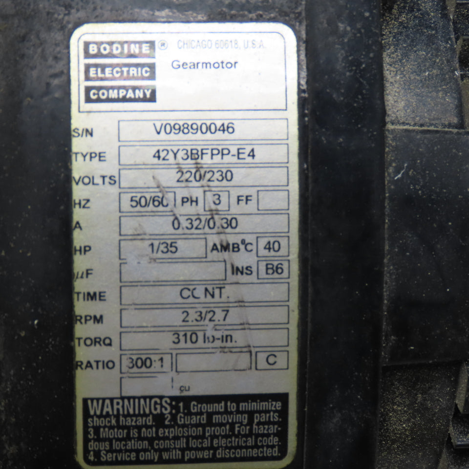 Bodine Electric 42Y3BFPP-E4 230/230V 1/35Hp Gear Motor 300:1 Ratio 2.3RPM Output