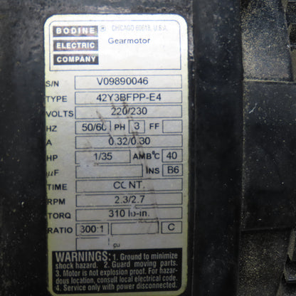 Bodine Electric 42Y3BFPP-E4 230/230V 1/35Hp Gear Motor 300:1 Ratio 2.3RPM Output