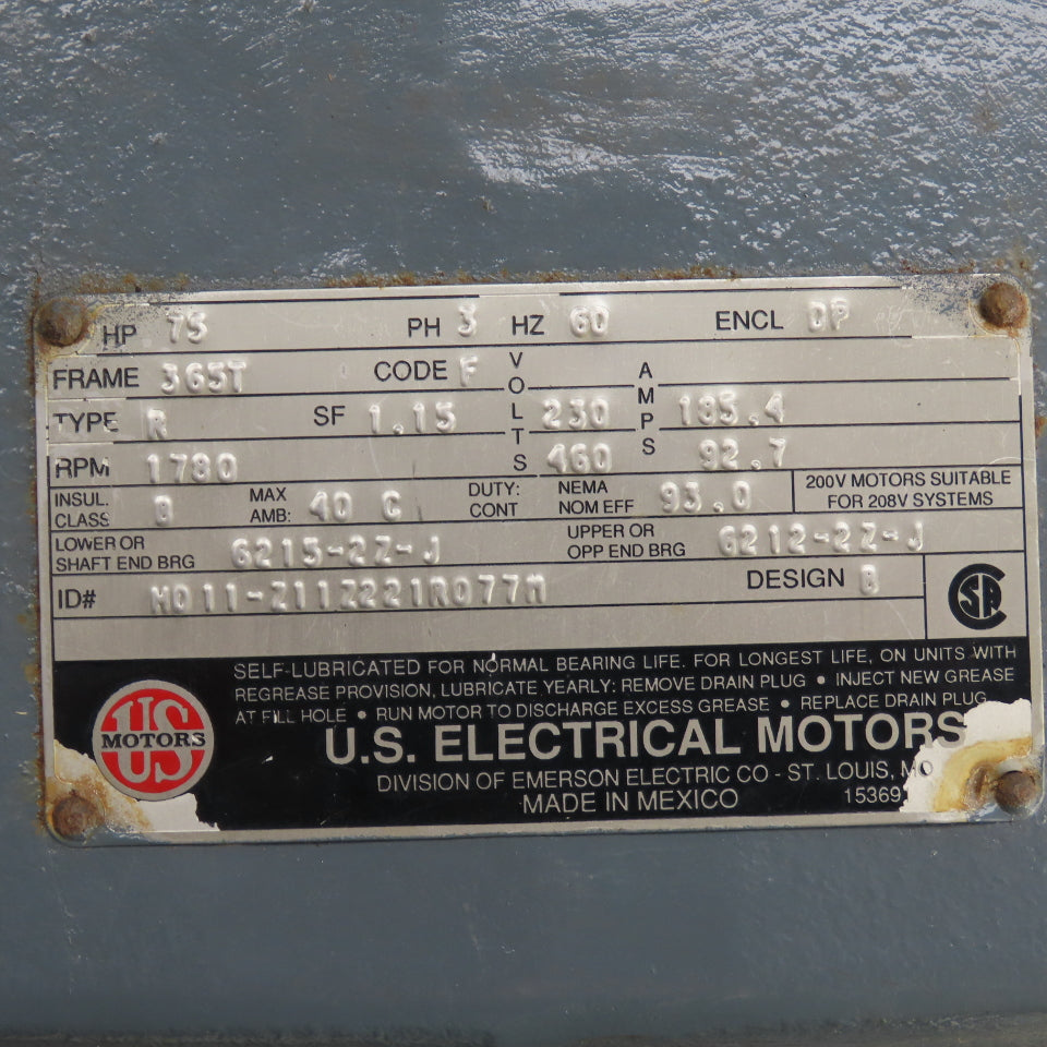 U.S. Electrical MO11-Z112221R0771 75HP Electric Motor 1780RPM 230/460V 3Ph 365T