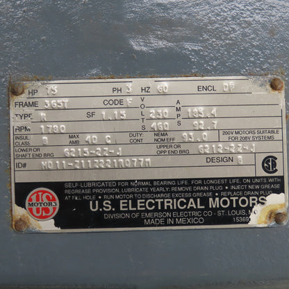 U.S. Electrical MO11-Z112221R0771 75HP Electric Motor 1780RPM 230/460V 3Ph 365T