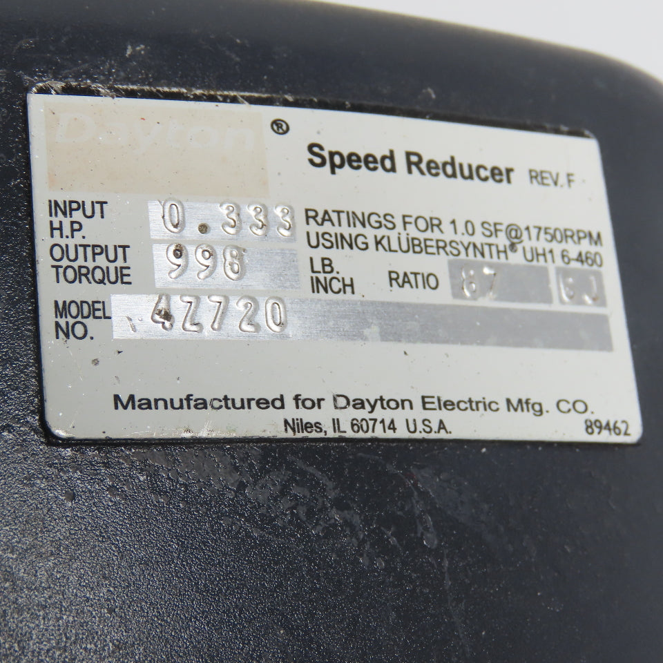Dayton 4Z720 87:1 Ratio 13RPM Output .5Hp 230/460V 3Ph Gear Motor
