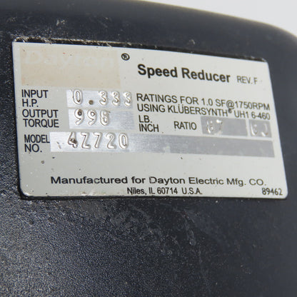 Dayton 4Z720 87:1 Ratio 13RPM Output .5Hp 230/460V 3Ph Gear Motor