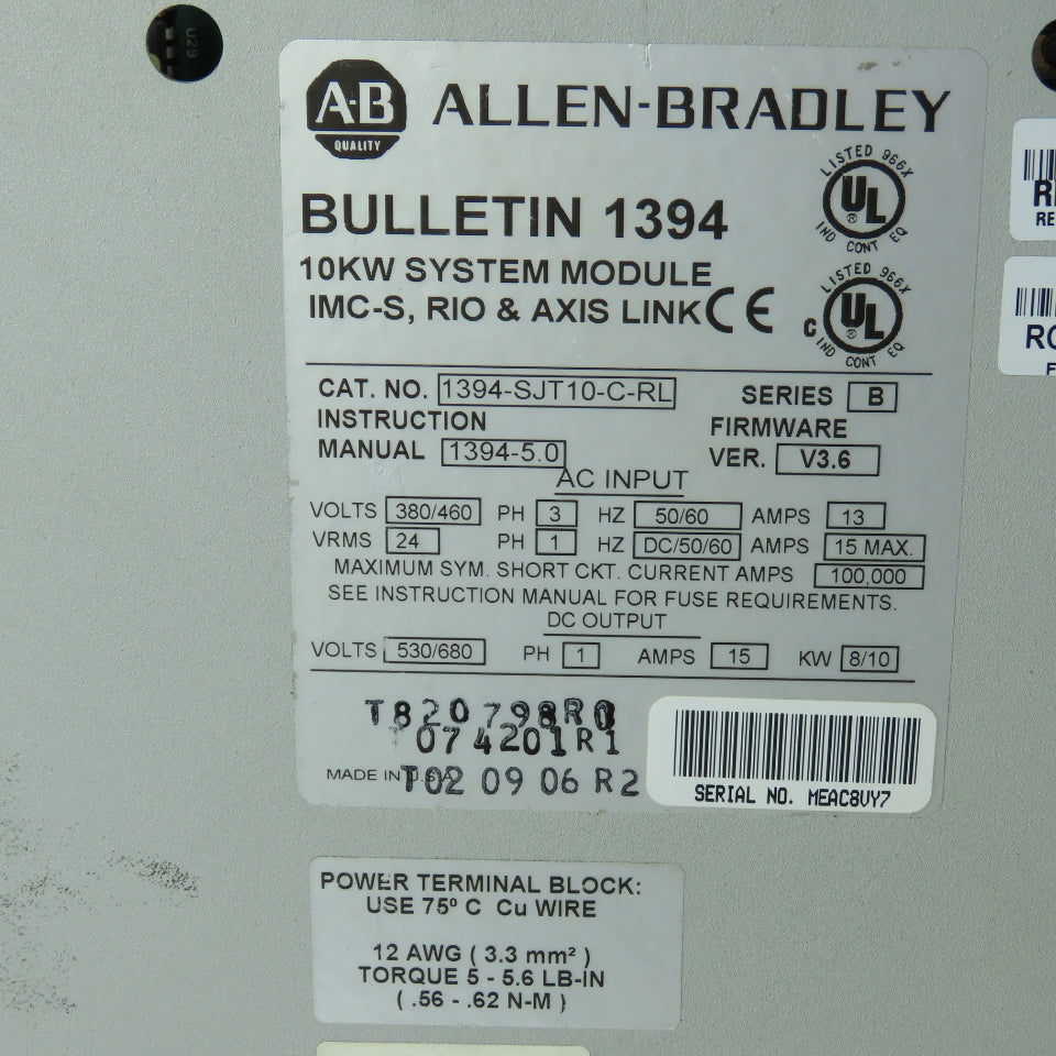 Allen-Bradley 1394-SJT10-C-RL 10kW Servo Controller System Module 460V 3Ph SerB
