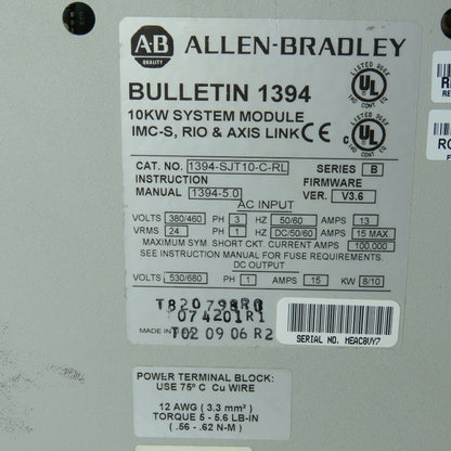 Allen-Bradley 1394-SJT10-C-RL 10kW Servo Controller System Module 460V 3Ph SerB