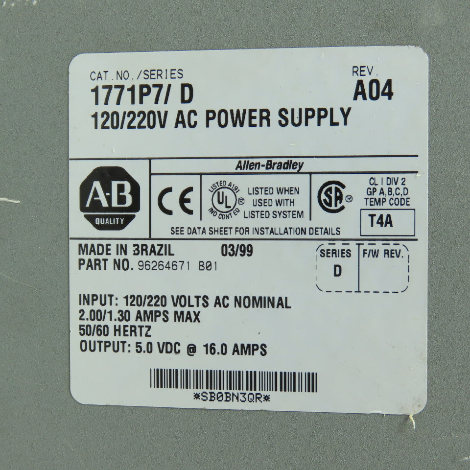 Allen-Bradley 1771-P7 PLC Power Supply 120/220VAC 5VDC 16A Series D