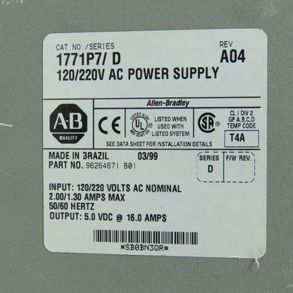 Allen-Bradley 1771-P7 PLC Power Supply 120/220VAC 5VDC 16A Series D