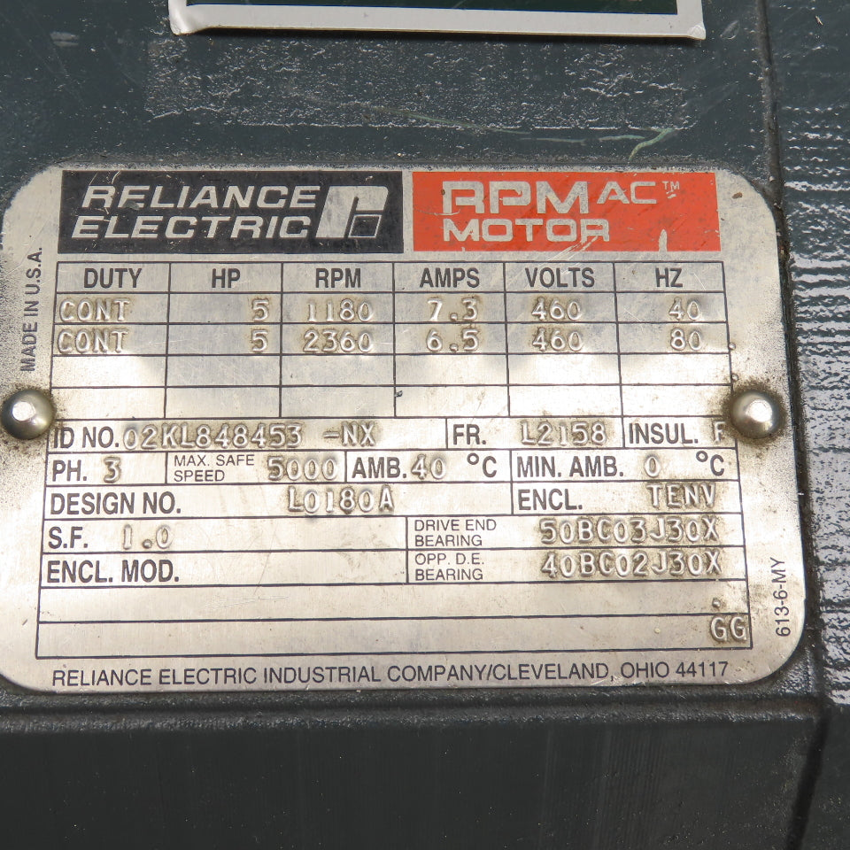 Reliance 02KL848453-NX 5HP AC Electric Motor 1180/2360RPM 460V 3Ph L2158 40/80HZ
