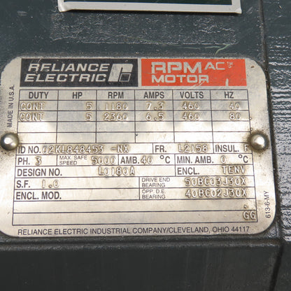 Reliance 02KL848453-NX 5HP AC Electric Motor 1180/2360RPM 460V 3Ph L2158 40/80HZ