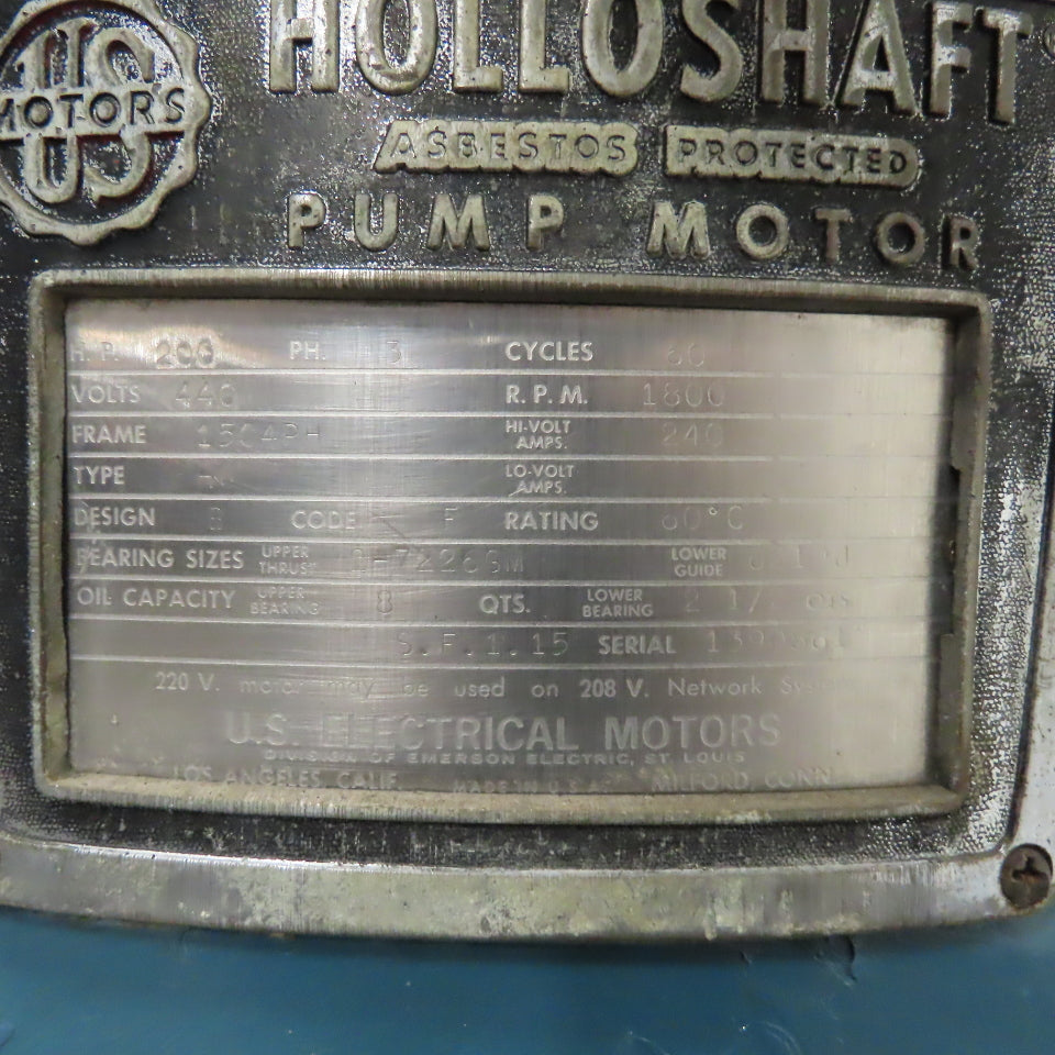 U.S. Motors HU 200HP 3Ph AC Vertical Motor 440V 1800RPM 1504PH Frame