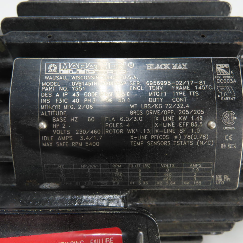 Marathon Y551 DVB145THTL6044AP 2HP 1750RPM 3Ph Electric Motor 230/460V 145TC Fr
