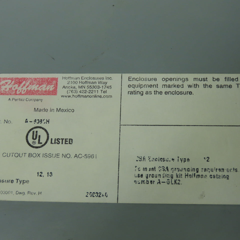 Hoffman A-808CH 8" x 8" x 4" Electrical Enclosure JIC Box NEMA Type 12