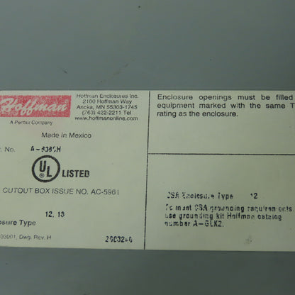Hoffman A-808CH 8" x 8" x 4" Electrical Enclosure JIC Box NEMA Type 12