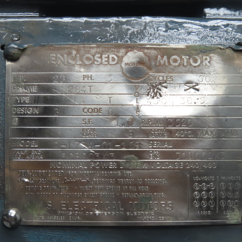 US Motors R-1734-01-169 25Hp 3520RPM 460V 3Ph Only AC Motor 284T Frame