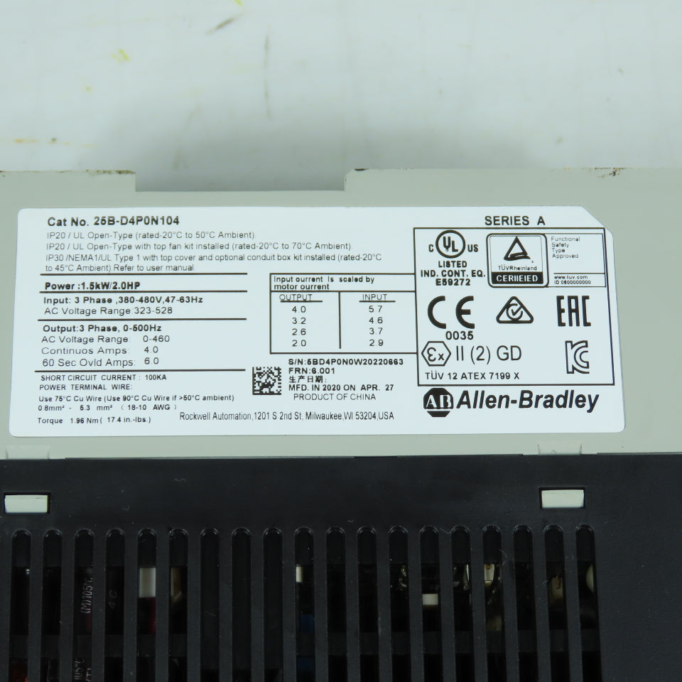 Allen-Bradley 25B-D4P0N104 PowerFlex 525 2.0HP AC Drive 380-480V 3Ph 4.0A