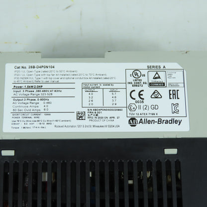Allen-Bradley 25B-D4P0N104 PowerFlex 525 2.0HP AC Drive 380-480V 3Ph 4.0A