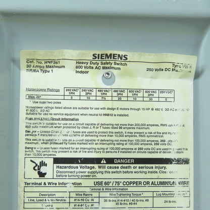 Siemens HNF361 30A Non-Fusible Safety Disconnect Switch 600VAC 3-Pole NEMA 1