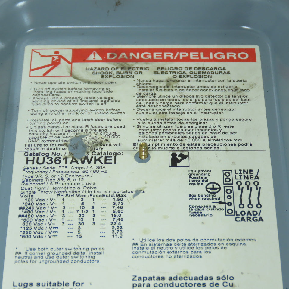 Square D HU361AWKEI 30A Non-Fusible Heavy Duty Safety Disconnect Switch 3Ph 600V
