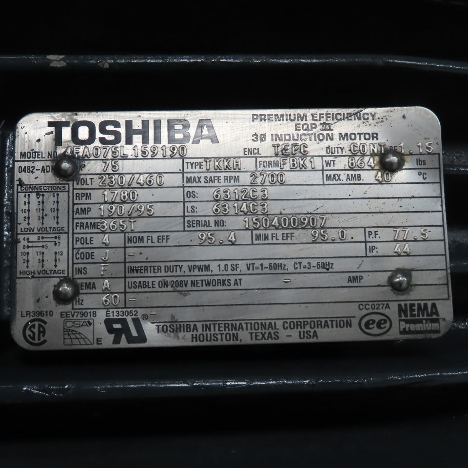 Toshiba 7FA075L59190 75HP Premium Efficiency Electric Motor 230/460V 3Ph 1780RPM