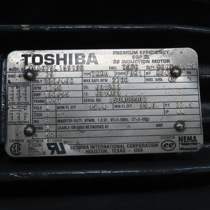 Toshiba 7FA075L59190 75HP Premium Efficiency Electric Motor 230/460V 3Ph 1780RPM