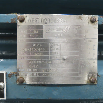 Westinghouse ABFC 75HP Life-Line A Electric Motor 208-220/440V 3Ph 1180RPM 445U