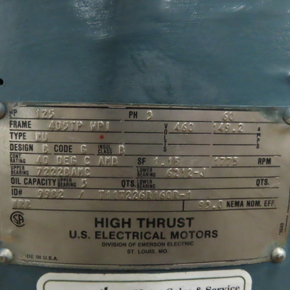 U.S. Electrical Motors RU 125HP High Thrust Vertical AC Motor 460V 3Ph 405TP
