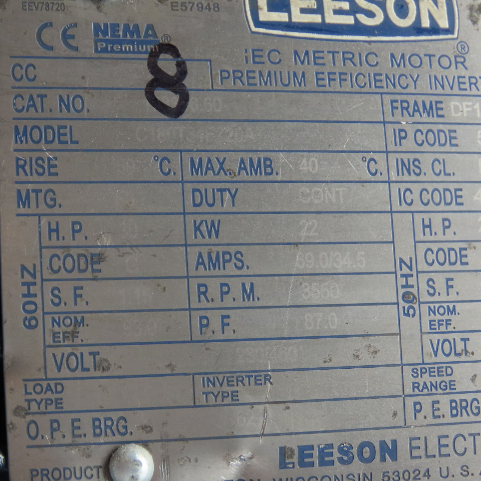 LEESON C180T34FZ20A 25HP Electric Motor 200/400V 3Ph 2955RPM DF180MD