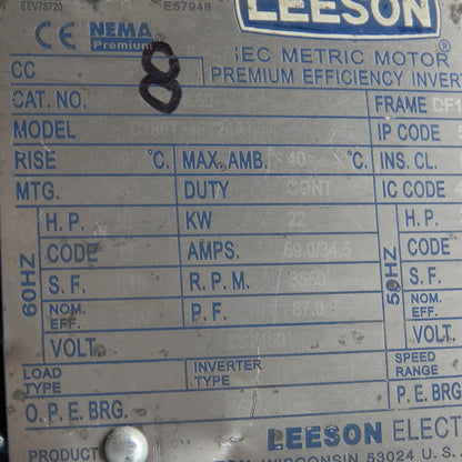 LEESON C180T34FZ20A 25HP Electric Motor 200/400V 3Ph 2955RPM DF180MD