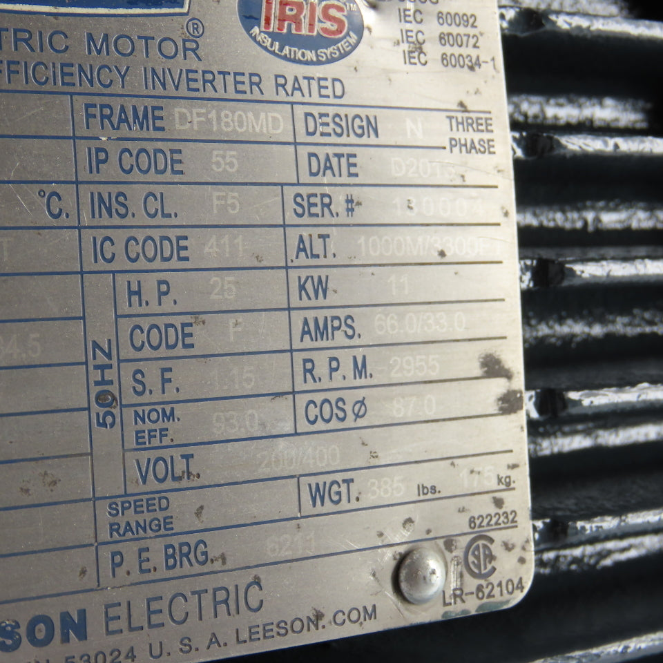LEESON C180T34FZ20A 25HP Electric Motor 200/400V 3Ph 2955RPM DF180MD