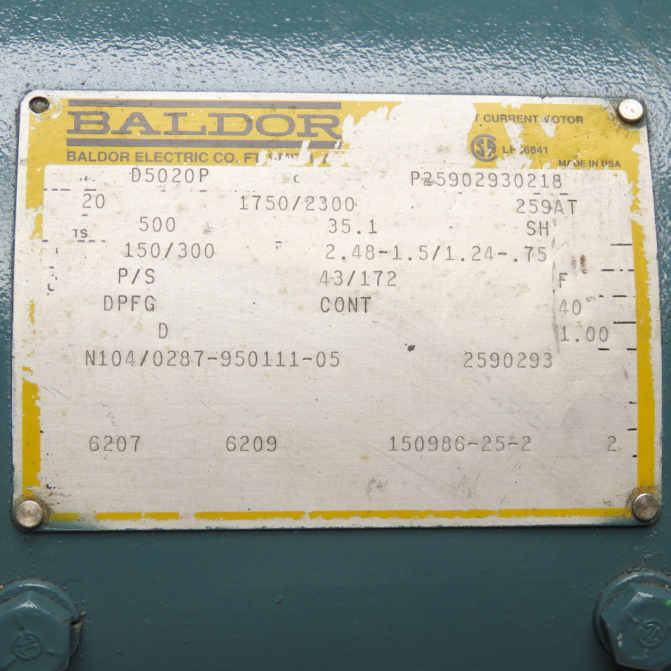 Baldor D5020P 20Hp 1750/3000RPM 500V DC Armature 259AT Frame DC Motor