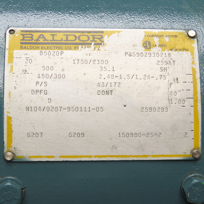 Baldor D5020P 20Hp 1750/3000RPM 500V DC Armature 259AT Frame DC Motor