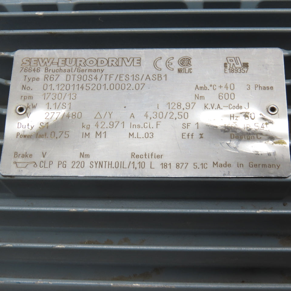 Sew R67 DT90S4/TF/ES1S/ASB1 Gear Motor 128.97:1 Ratio 13RPM 1.1kW 277/480V 3Ph