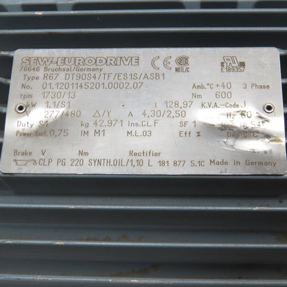 Sew R67 DT90S4/TF/ES1S/ASB1 Gear Motor 128.97:1 Ratio 13RPM 1.1kW 277/480V 3Ph