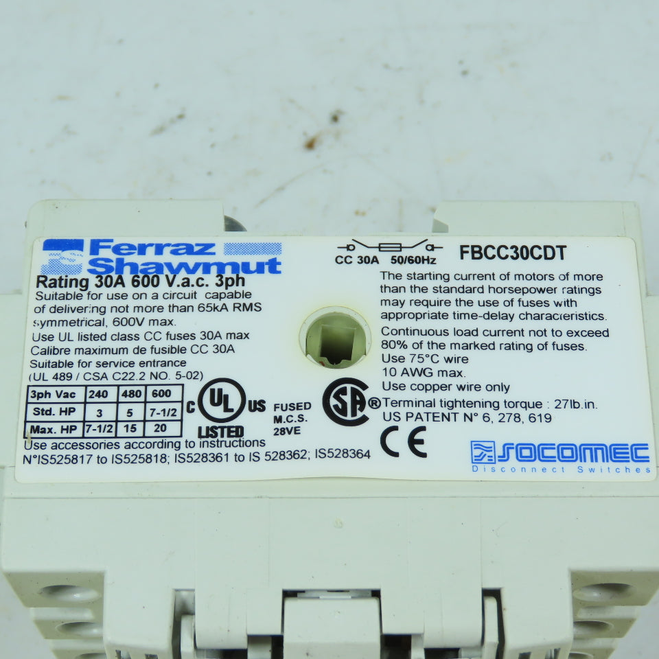 Ferraz Shawmut FBCC30CDT 30A 3P Fusible Safety Disconnect Switch 600V Class CC